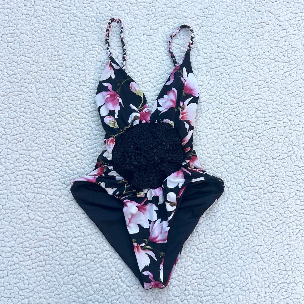 Frankie’s Bikinis Poppy Orchid Black Crochet One Piece